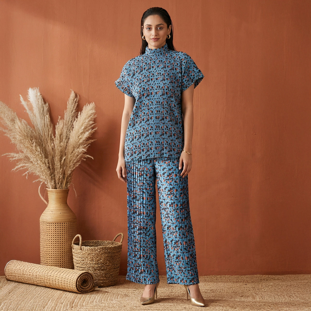 Blue Animal Print Set for Women – Polyester Satin | First Resort by Ramola Bachchan