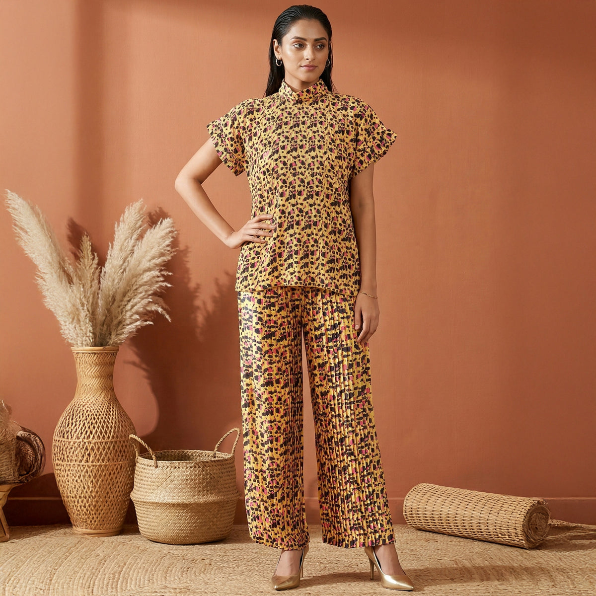 Yellow Animal Print Set for Women – Polyester Satin | First Resort by Ramola Bachchan