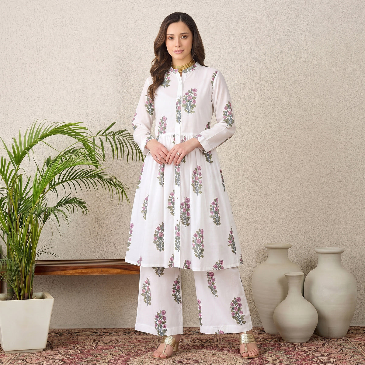 White Floral Print Set for Women – Cotton Cambric | First Resort by Ramola Bachchan