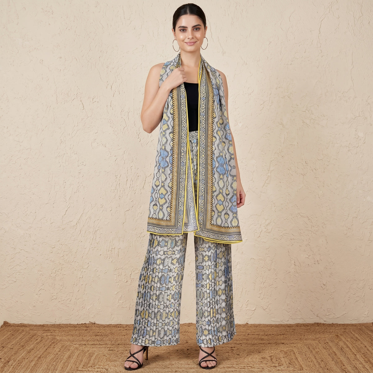 Yellow Geometric Print Set for Women – Polyester Georgette | First Resort by Ramola Bachchan