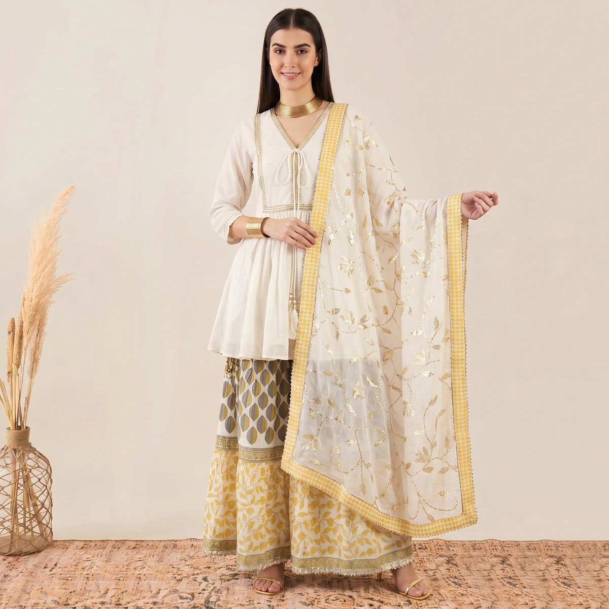 Ivory Printed Sharara Set for Women – Cotton Cambric | First Resort by Ramola Bachchan