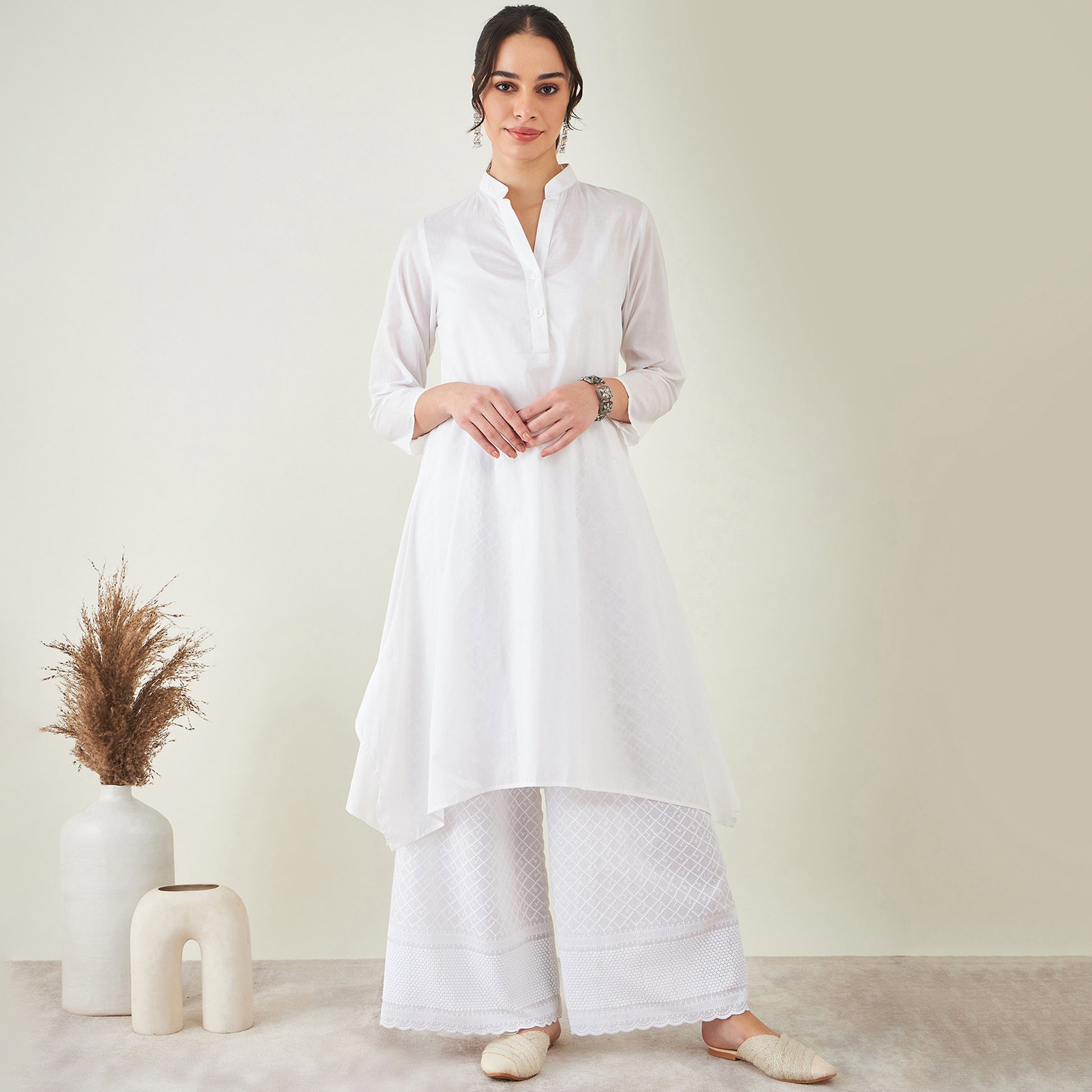 White Cotton Shirt Dress with Embroidered Pants Set - XS White Cotton Shirt Dress with Embroidered Pants Set - XS
