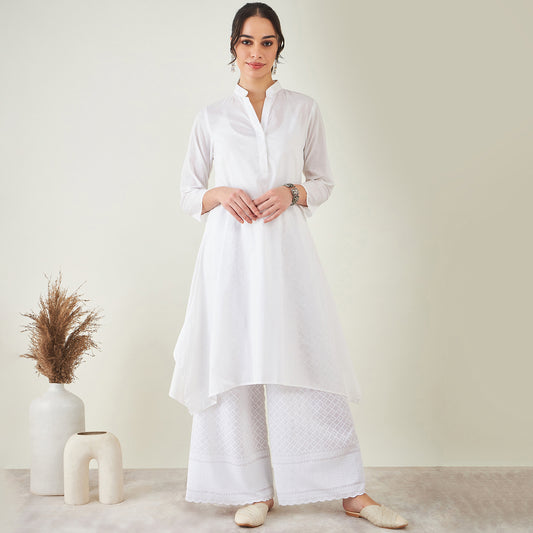 White Cotton Shirt Dress with Embroidered Pants Set