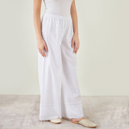 White Cotton Shirt Dress with Embroidered Pants Set