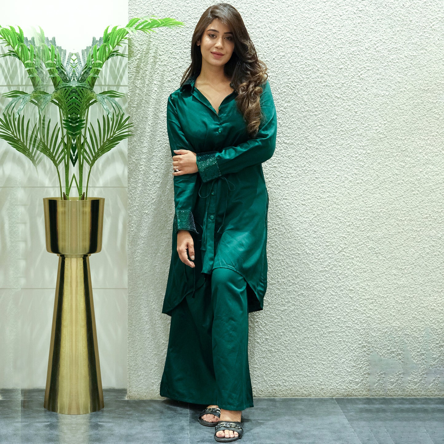 Bottle Green Sequinned Shirt Dress and Wide Leg Pants