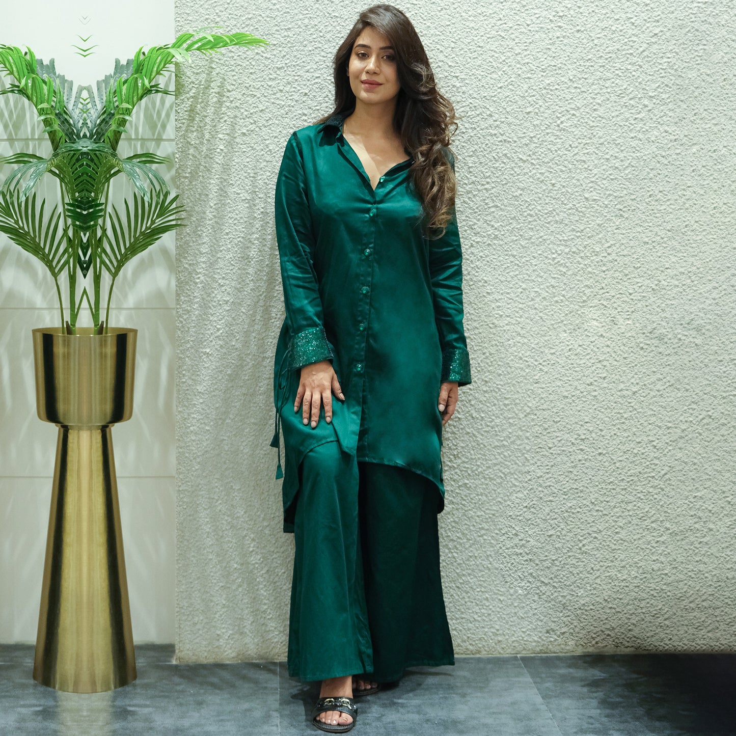 Bottle Green Sequinned Shirt Dress and Wide Leg Pants