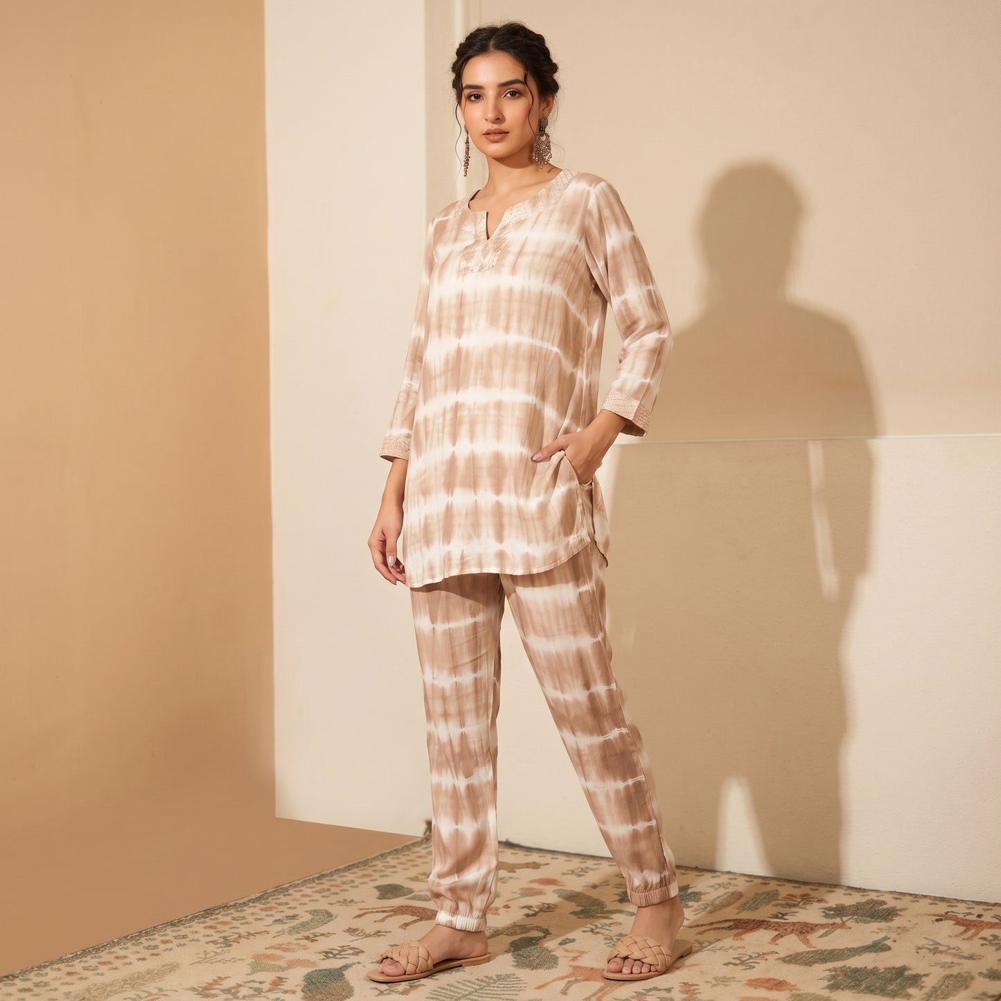 Beige And White Tie-Dye Print Set for Women – Cotton Modal | First Resort by Ramola Bachchan