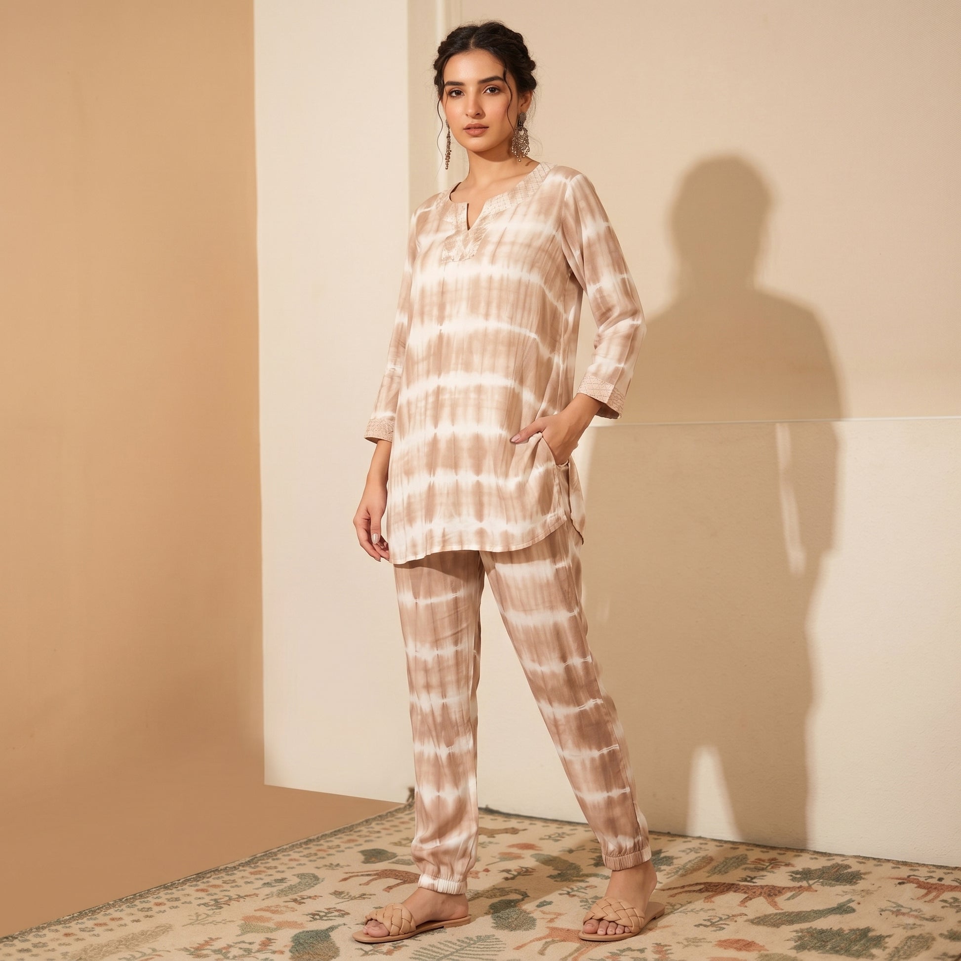 Beige And White Tie-Dye Print Set for Women – Cotton Modal | First Resort by Ramola Bachchan