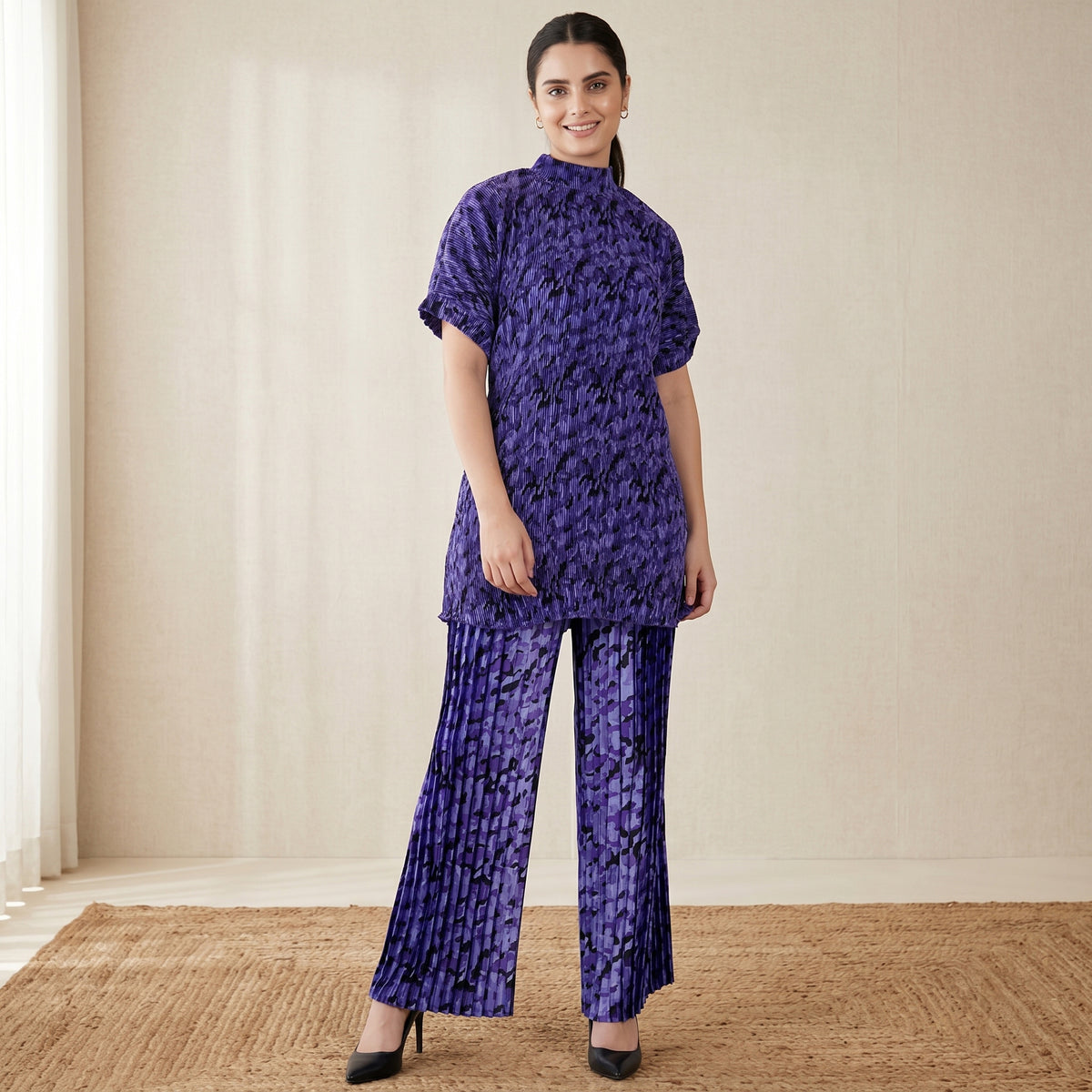 Blue Camouflage Print Set for Women – Polyester Satin | First Resort by Ramola Bachchan