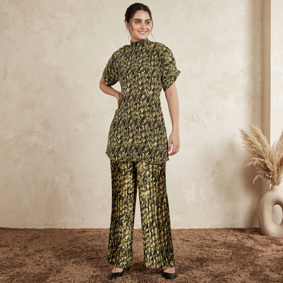 Forest Green Camouflage Print Set for Women – Polyester Satin | First Resort by Ramola Bachchan