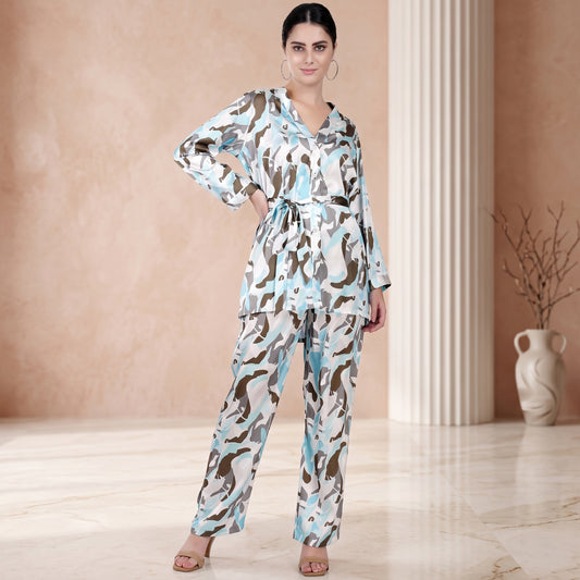 Aqua Abstract Camouflage Printed Shirt and Pants Set