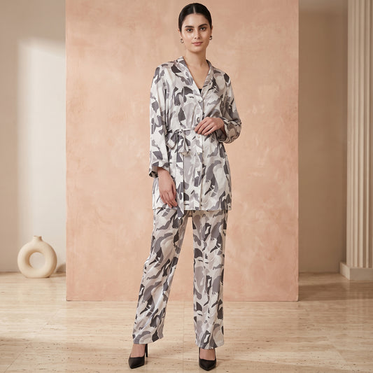 Grey Abstract Camouflage Printed Shirt and Pants Set