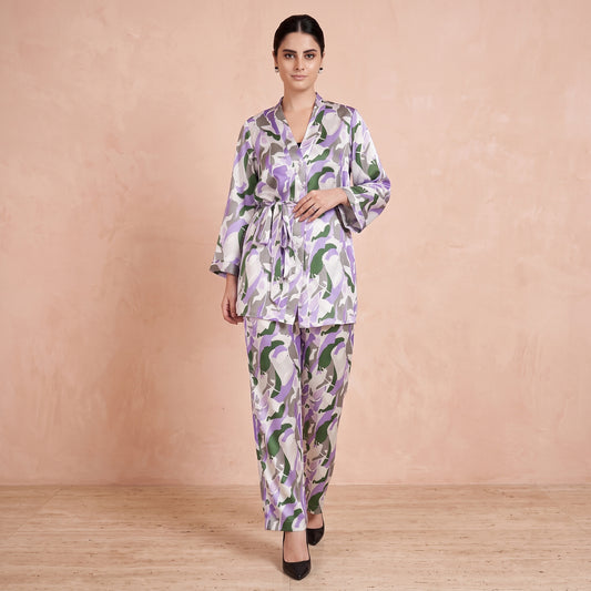 Purple Abstract Camouflage Printed Shirt and Pants Set