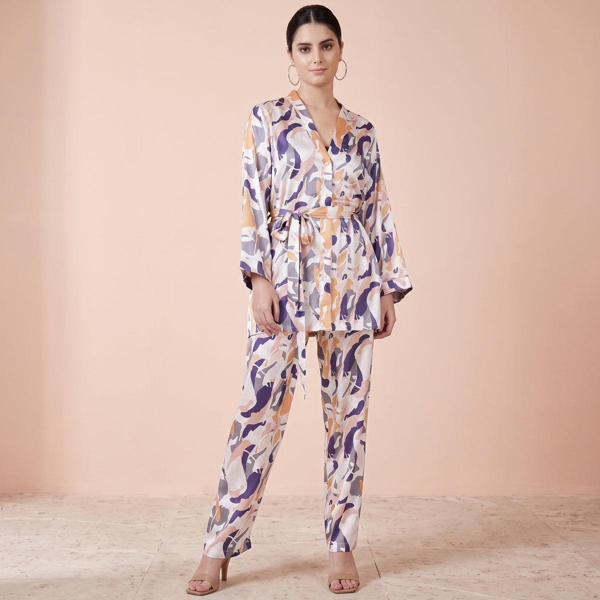 Tan Abstract Camouflage Print Set for Women – Polyester Satin | First Resort by Ramola Bachchan