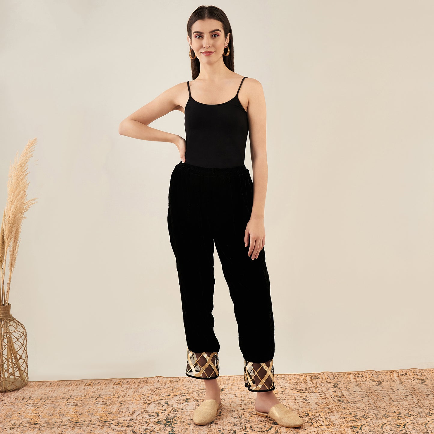 Black Silk Velvet Kurta and Straight Pants with Gota Lace Detail Set