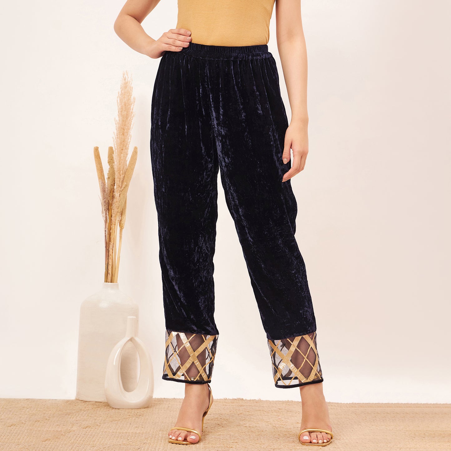 Blue Silk Velvet Kurta and Straight Pants with Gota Lace Detail Set