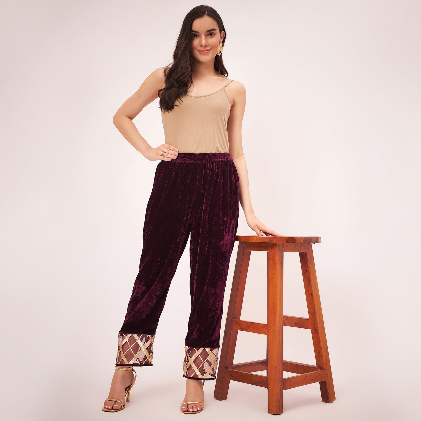 Maroon Silk Velvet Kurta and Straight Pants with Gota Lace Detail Set