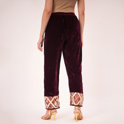 Maroon Silk Velvet Kurta and Straight Pants with Gota Lace Detail Set