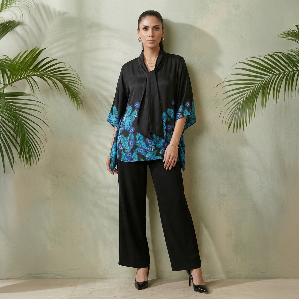 Black And Blue Floral Print Top Set for Women – Viscose Crepe | First Resort by Ramola Bachchan