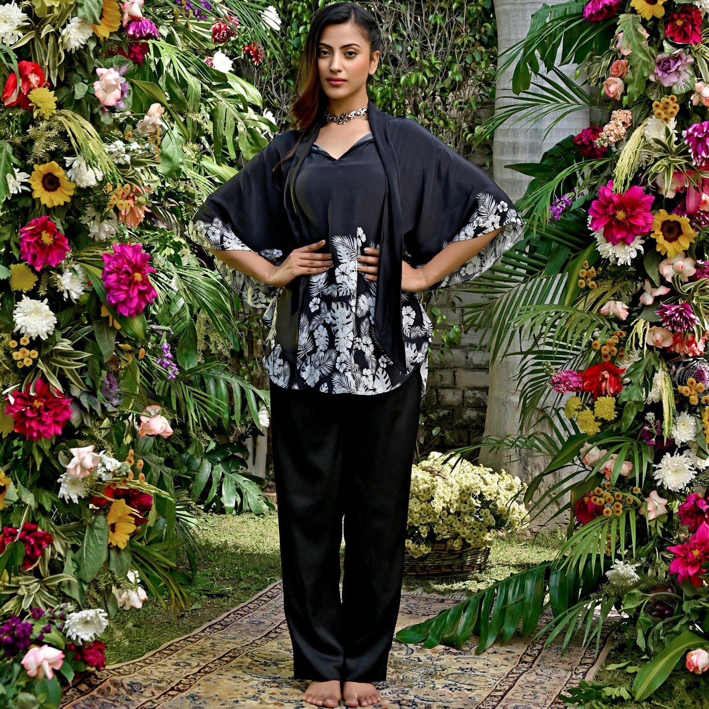 Black and Grey Floral Bow-Tie Top and Straight Pants Set