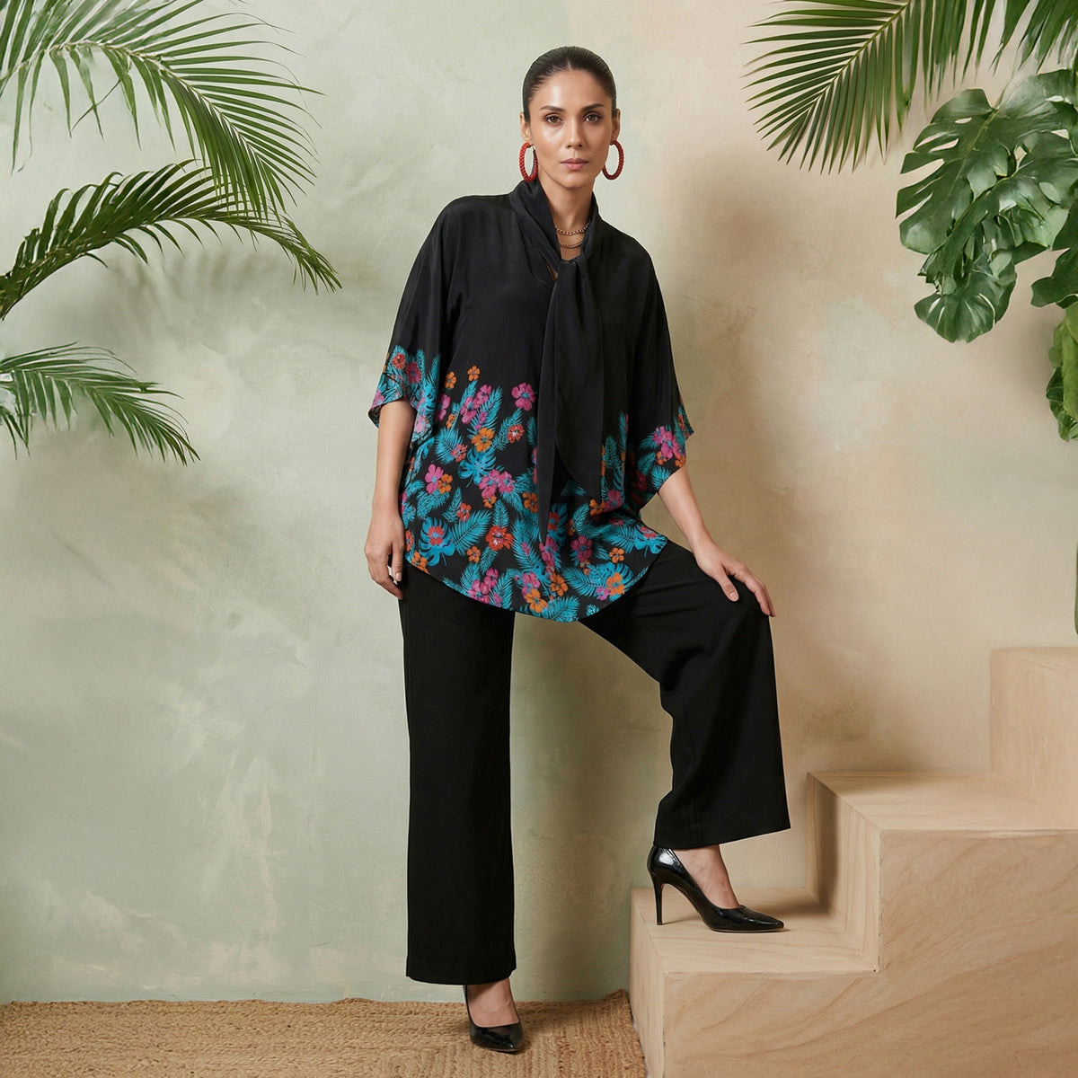 Black And Orange Floral Print Top Set for Women – Viscose Crepe | First Resort by Ramola Bachchan