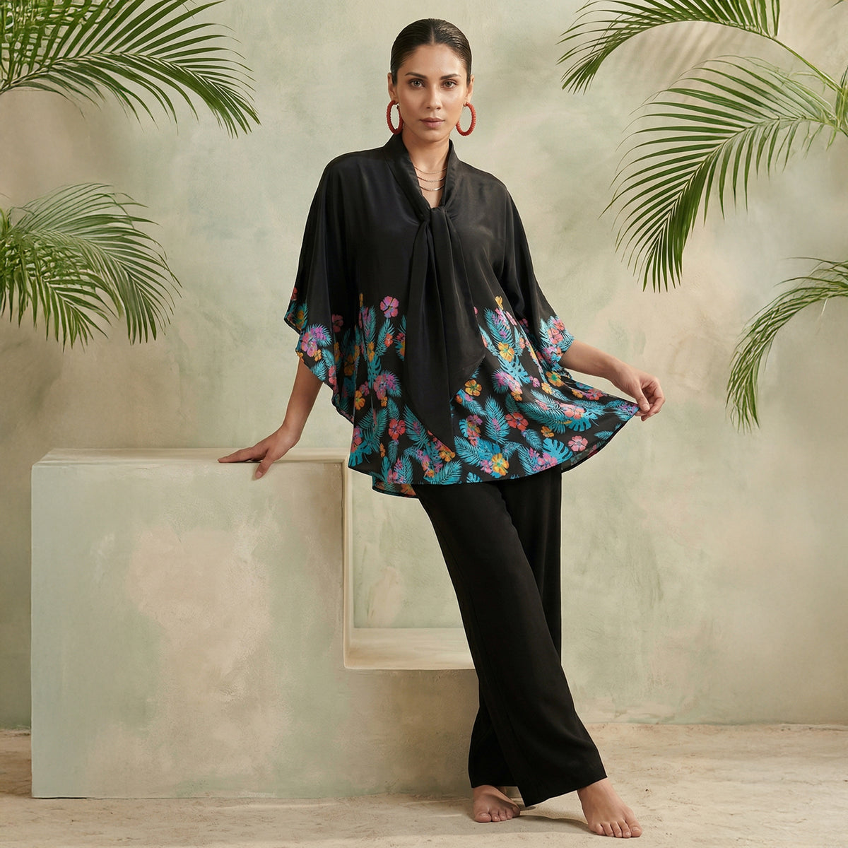 Black And Yellow Floral Print Top Set for Women – Viscose Crepe | First Resort by Ramola Bachchan