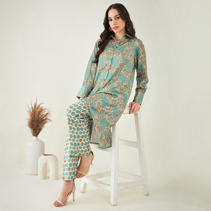 Green and Brown Floral Combination Print Co-ordinate Set