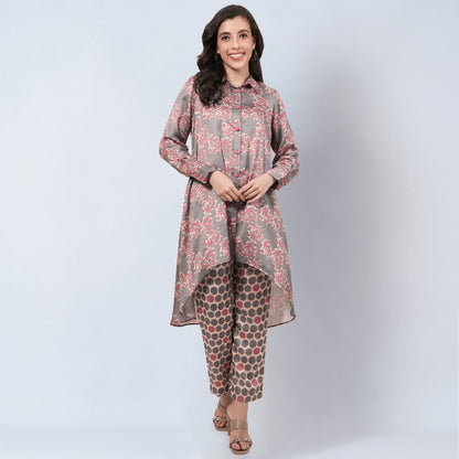 Grey and Pink Floral Combination Print Co-ordinate Set