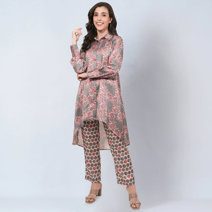 Grey and Pink Floral Combination Print Co-ordinate Set