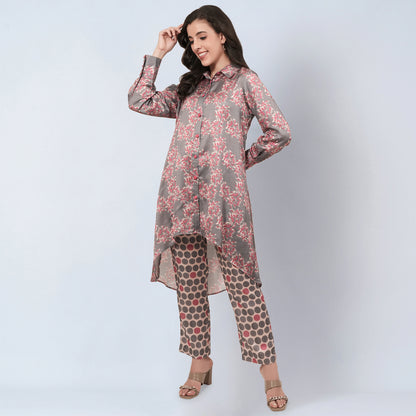 Grey and Pink Floral Combination Print Co-ordinate Set
