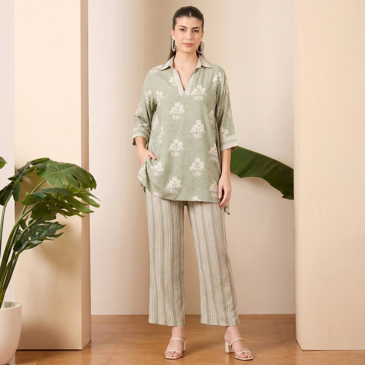 Sage Green And Ecru Floral And Stripe Print Set for Women – Viscose Mul Mul | First Resort by Ramola Bachchan