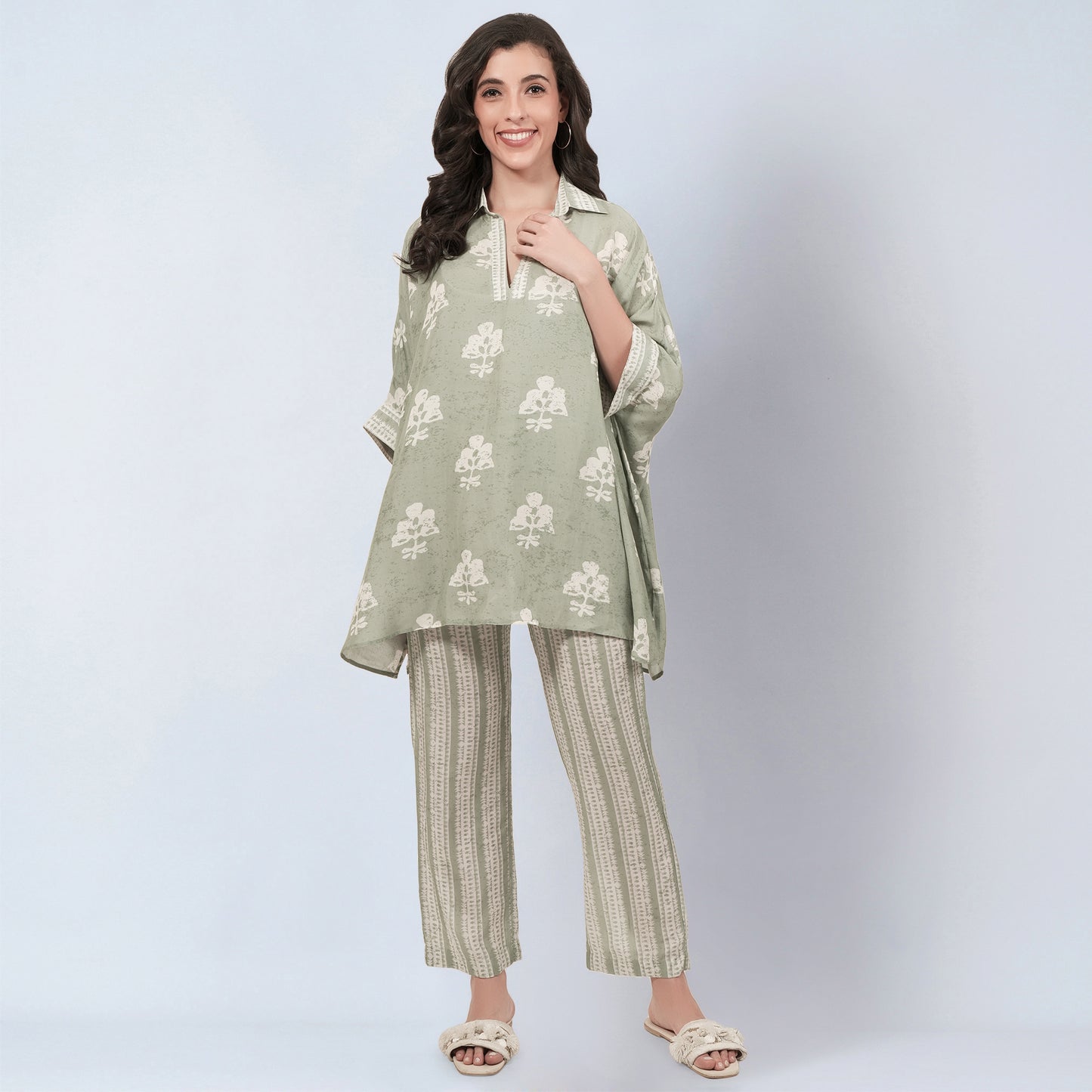 Sage Green and Ecru Floral Combination Print Co-ordinate Set