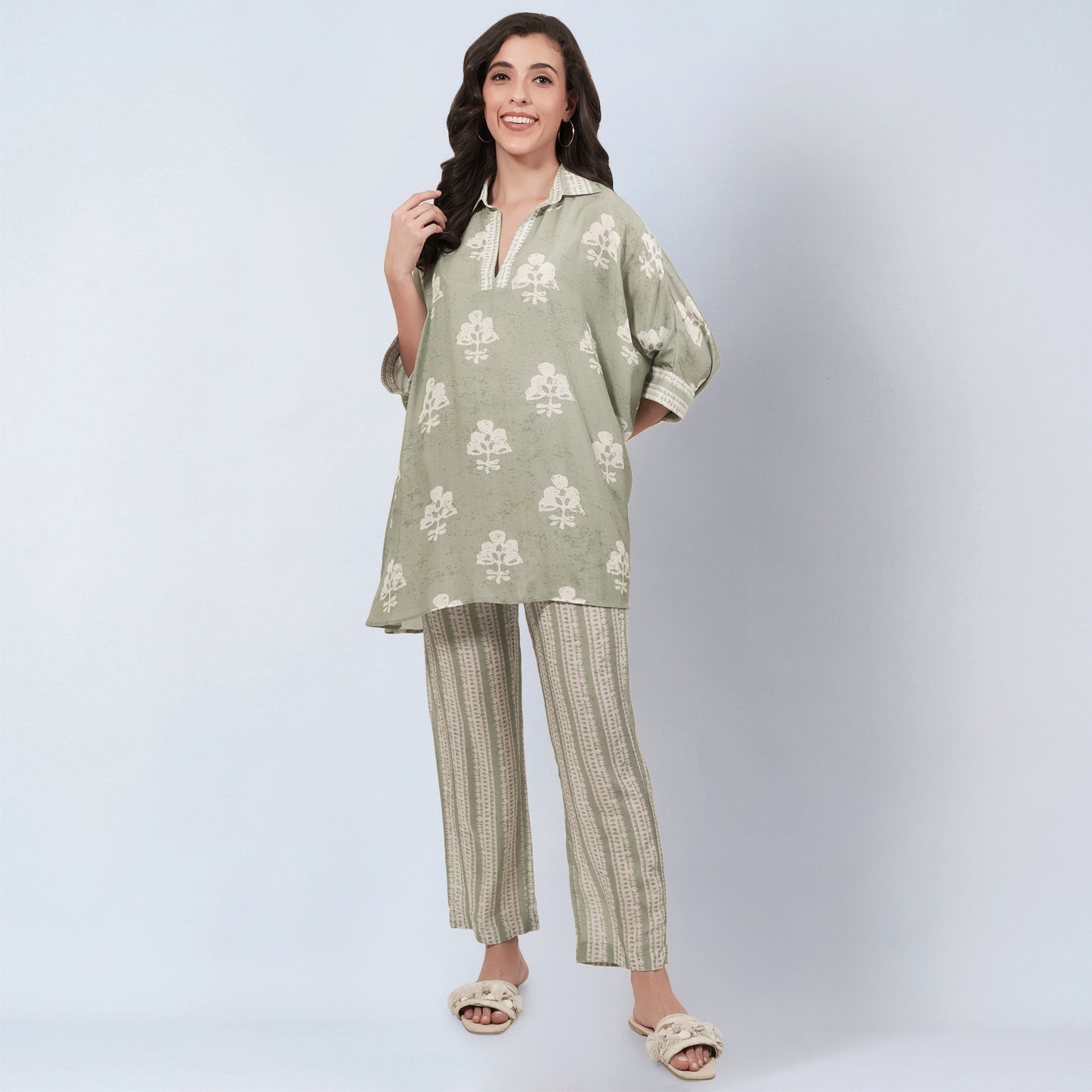 Sage Green and Ecru Floral Combination Print Co-ordinate Set
