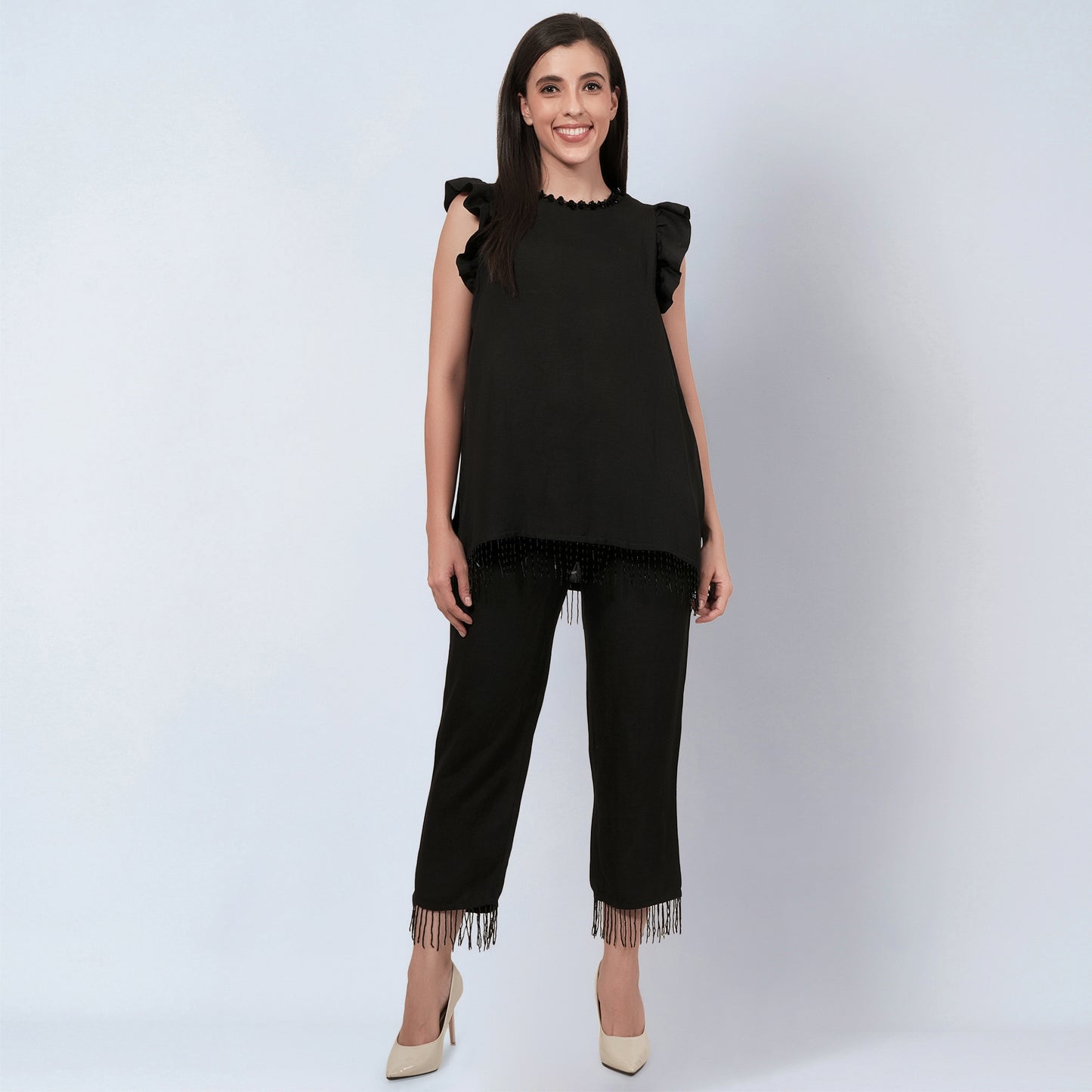 Black Linen Top and Pants Set with Bead Lace