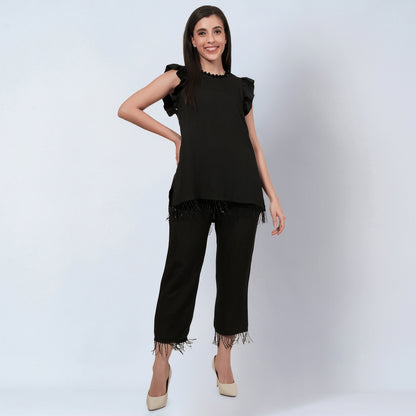 Black Linen Top and Pants Set with Bead Lace