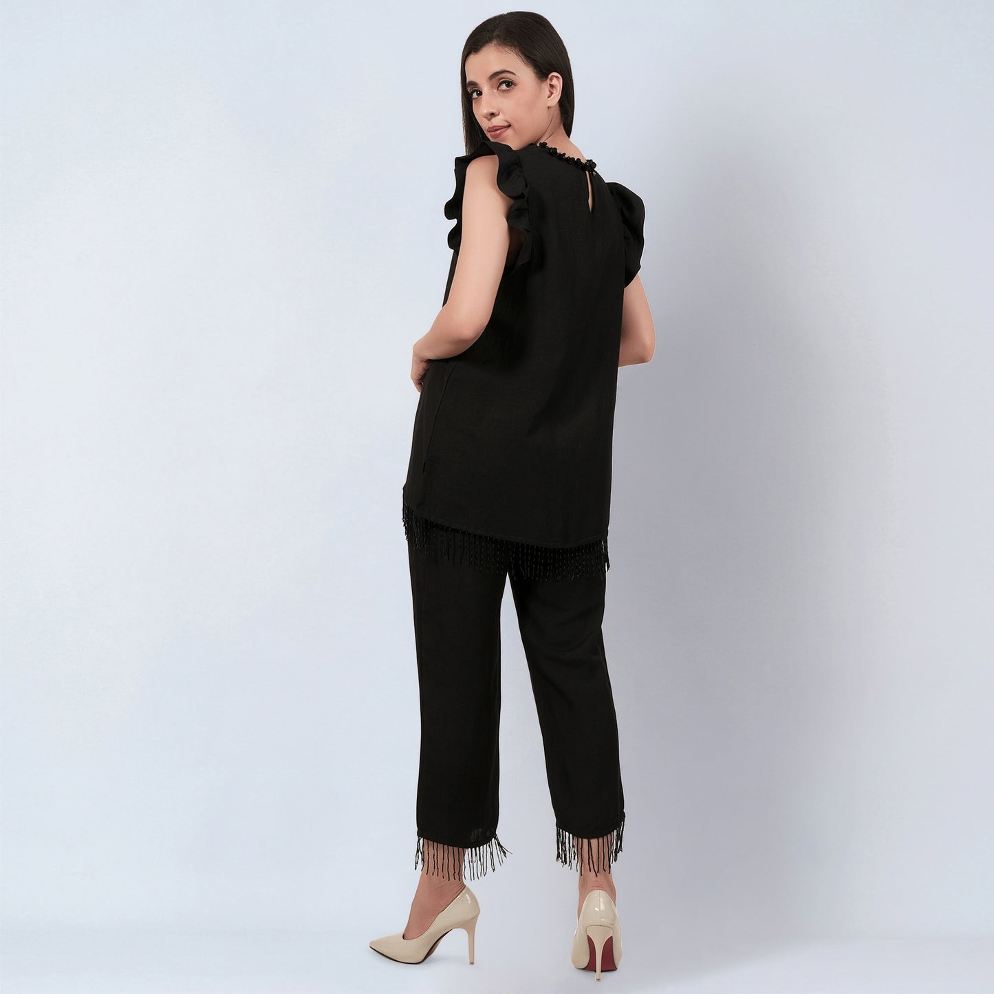 Black Linen Top and Pants Set with Bead Lace