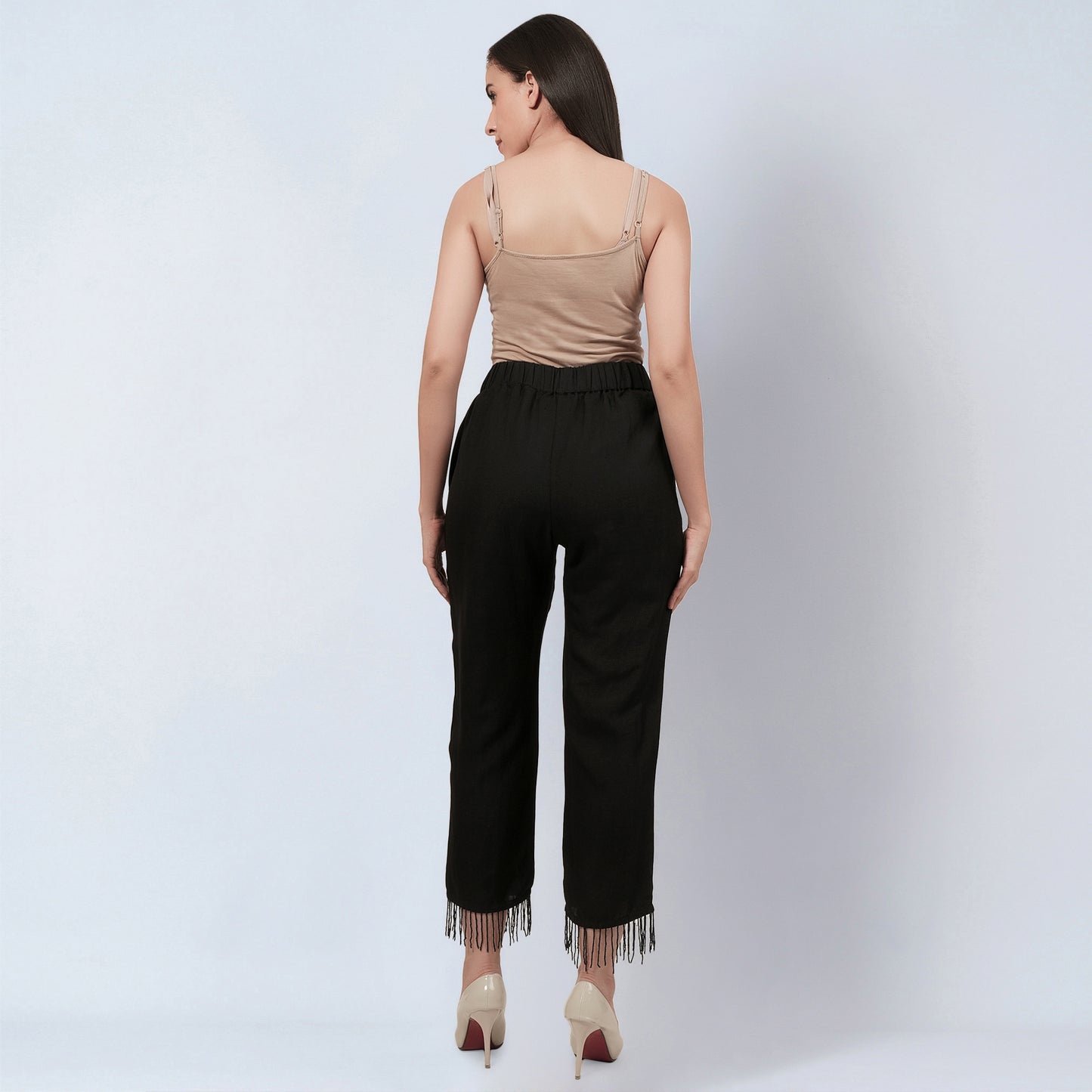 Black Linen Top and Pants Set with Bead Lace