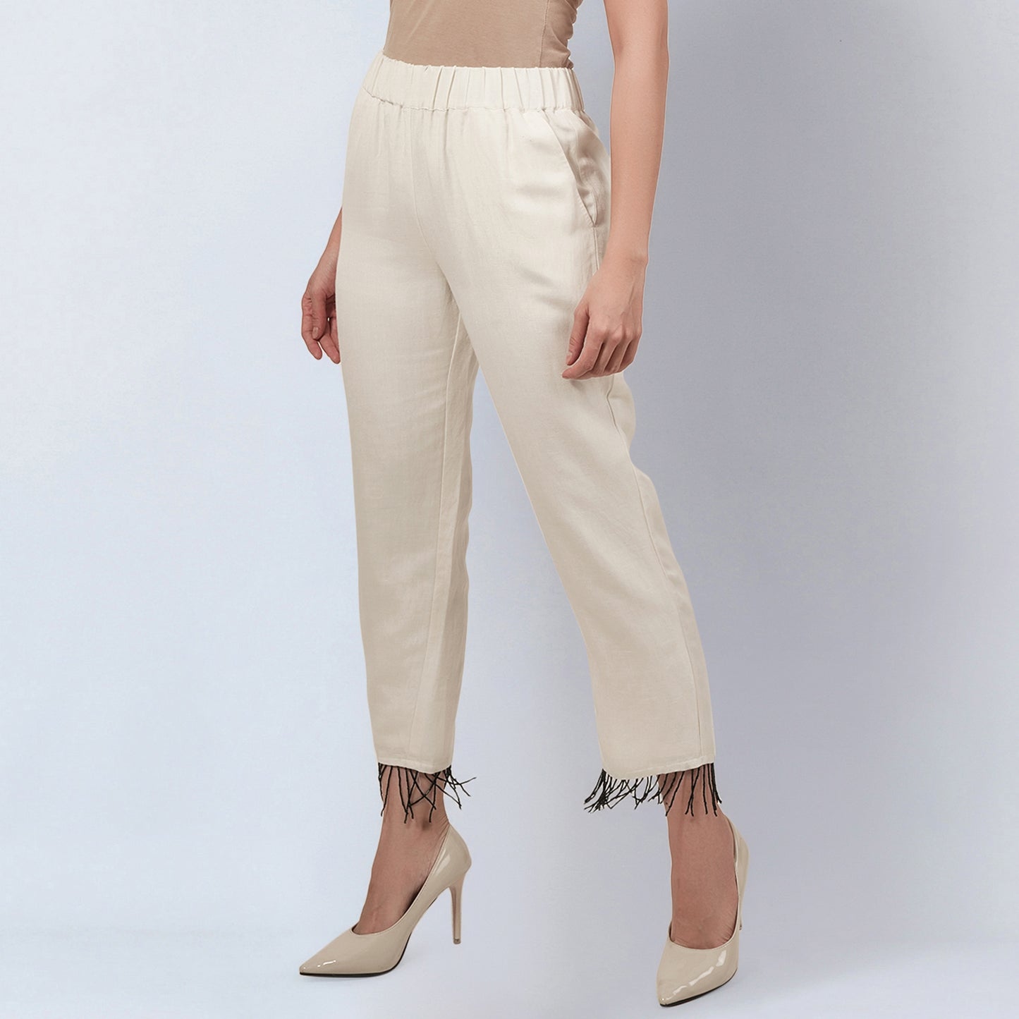 Off White Linen Top and Pants Set with Bead Lace