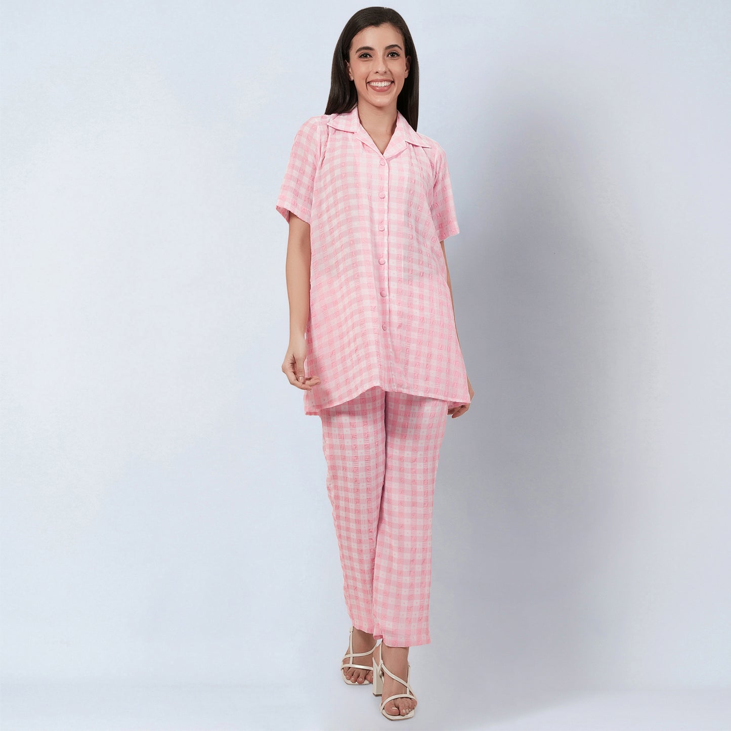 Coral Pink Checked Co-ordinate Set