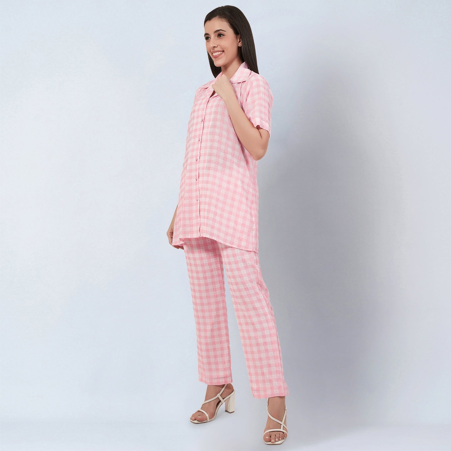 Coral Pink Checked Co-ordinate Set
