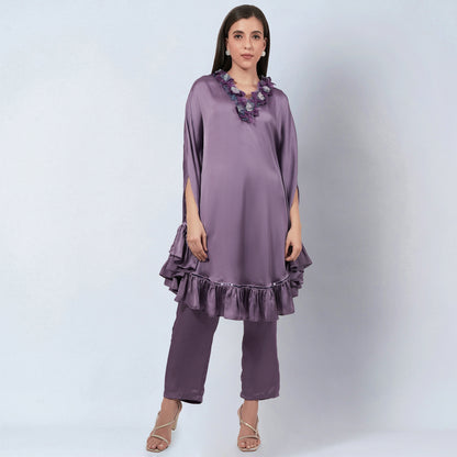 Purple Ruffle Dress with Floral Lace Detail with Satin Pants Set