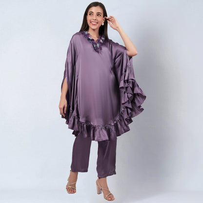 Purple Ruffle Dress with Floral Lace Detail with Satin Pants Set