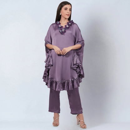 Purple Ruffle Dress with Floral Lace Detail with Satin Pants Set