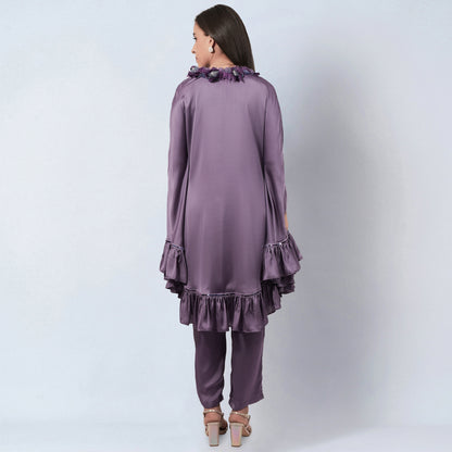 Purple Ruffle Dress with Floral Lace Detail with Satin Pants Set