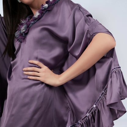 Purple Ruffle Dress with Floral Lace Detail with Satin Pants Set