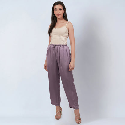 Purple Ruffle Dress with Floral Lace Detail with Satin Pants Set