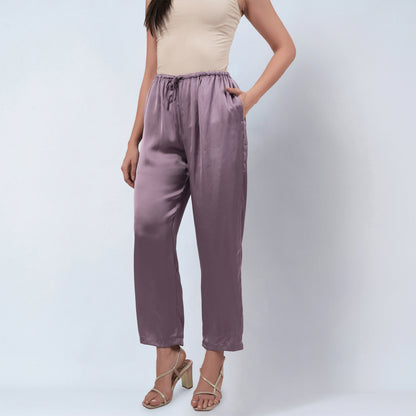 Purple Ruffle Dress with Floral Lace Detail with Satin Pants Set