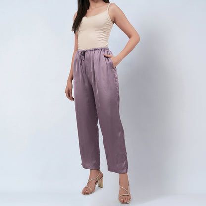 Purple Ruffle Dress with Floral Lace Detail with Satin Pants Set