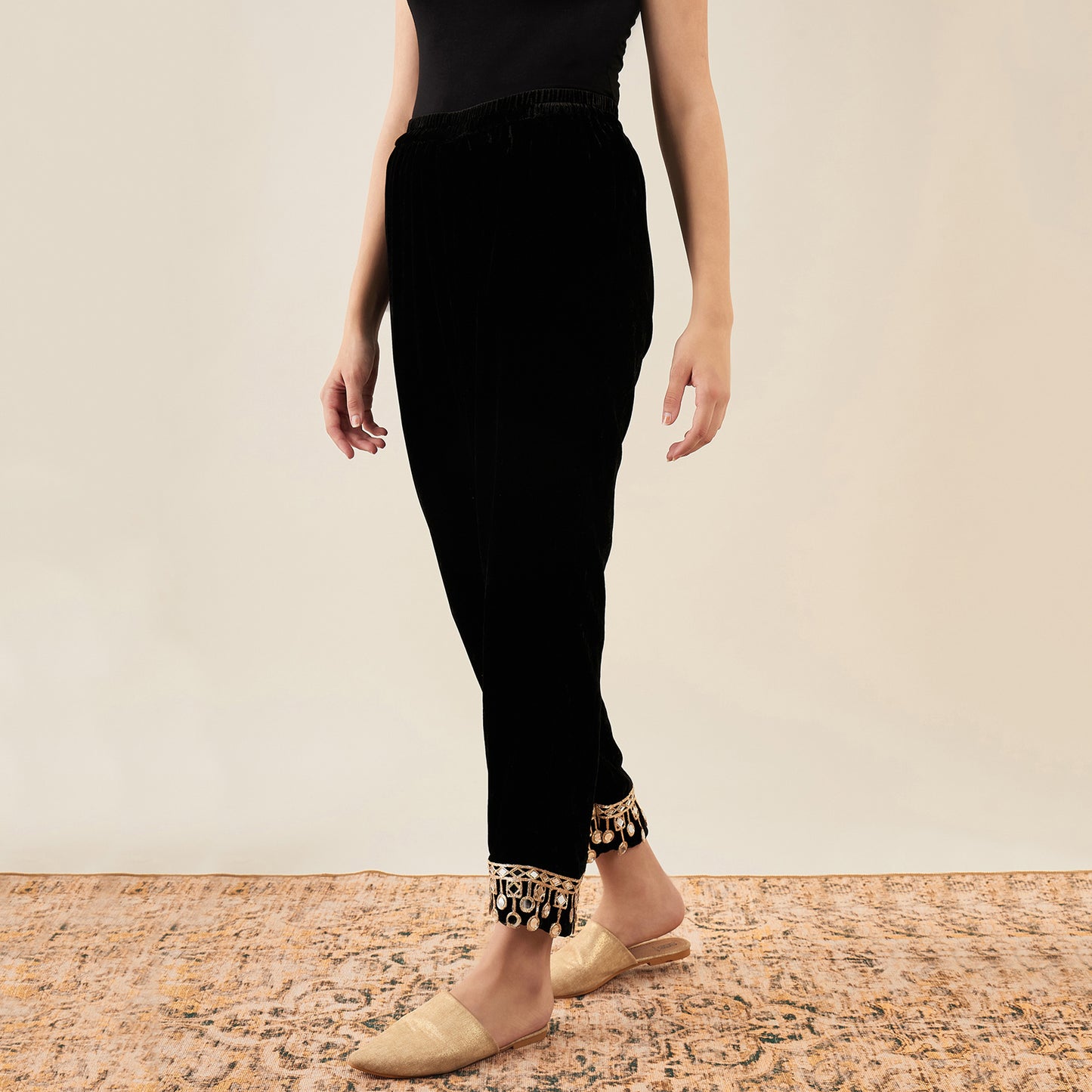 Black Silk Velvet Kurta and Straight Pants with Mirror Lace Detail Set