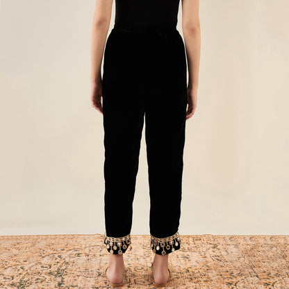 Black Silk Velvet Kurta and Straight Pants with Mirror Lace Detail Set